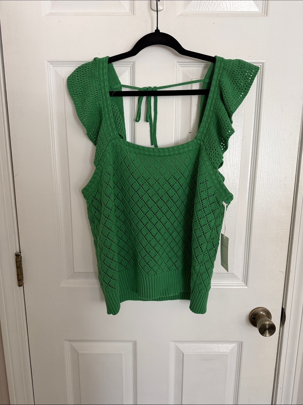 Green Openwork Off-the-Shoulder Knit Top